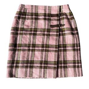 Etcetera Wool Plaid Pink Kilt Mini Skirt with Buckle Accents Sz 4